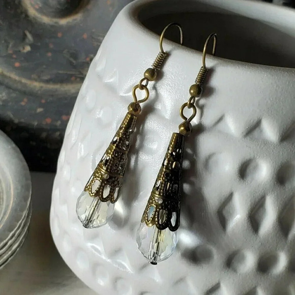 Faceted Clear Luster Crystal Antique Bronze Filigree Teardrop Earrings - Picture 6 of 9